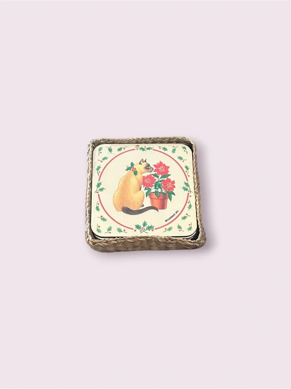Vintage 1992 Christmas Cat Coasters Set of 6 In Wicker Holder Holiday Decor